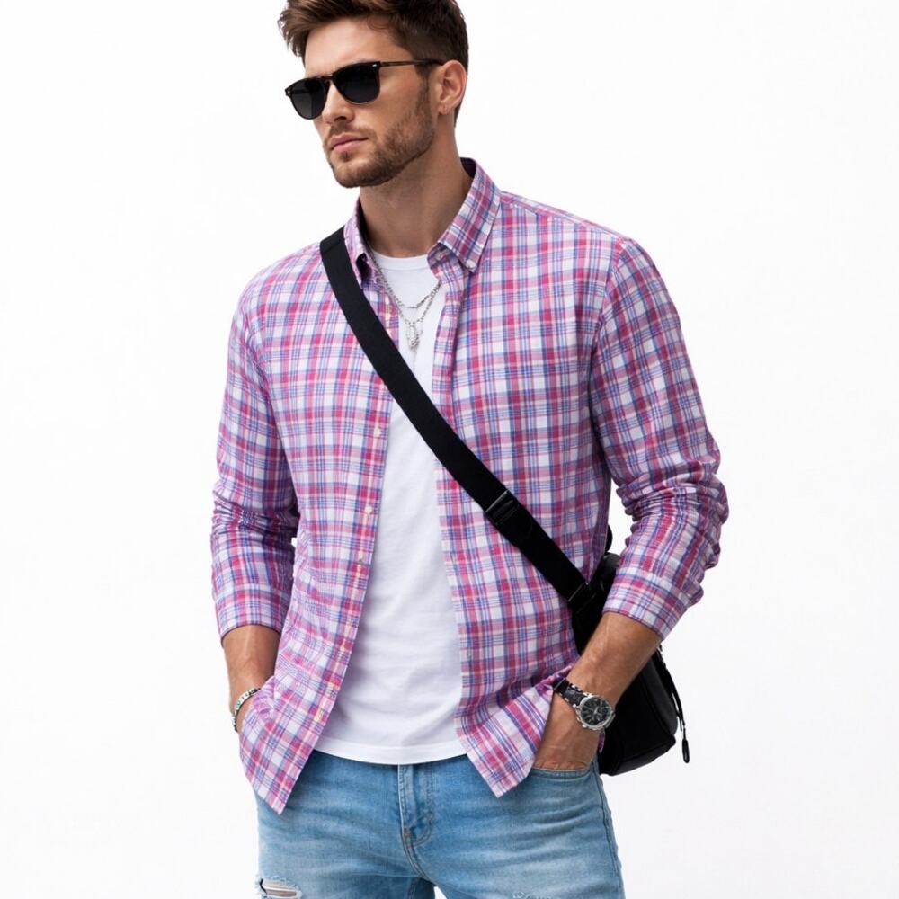 Lands' End Plaid Button Down Shirt Mens M 15 15.5 Traditional Fit Pink Blue